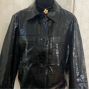Black Faux Croc Bomber Jacket - Women's Croc-Embossed Coat